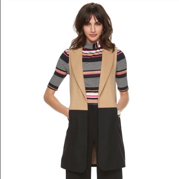 Elle Wool Blend Tan Black Colorblock Long Vest J-15 - Picture 3 of 14